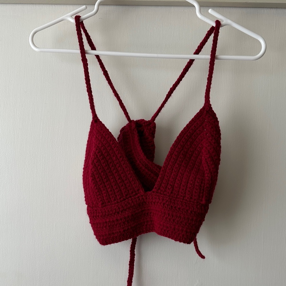 Red Hand-Crochet Halter Top
